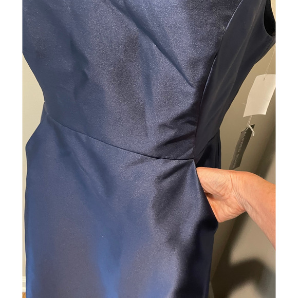 Alfred Sung NWT Gown Maxi Dress Sz 16 Satin V-Neck Pockets D778 Midnight Blue - Picture 9 of 12